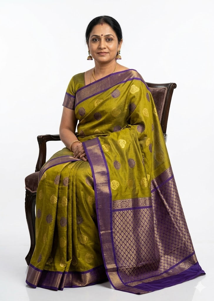 Elegant Green &amp; Purple Kuppadam Pattu Saree with Zari Border