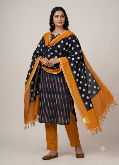 DOUBLE IKKAT COTTON NAVY BLUE WITH YELLOW COLOR SUITE -C47