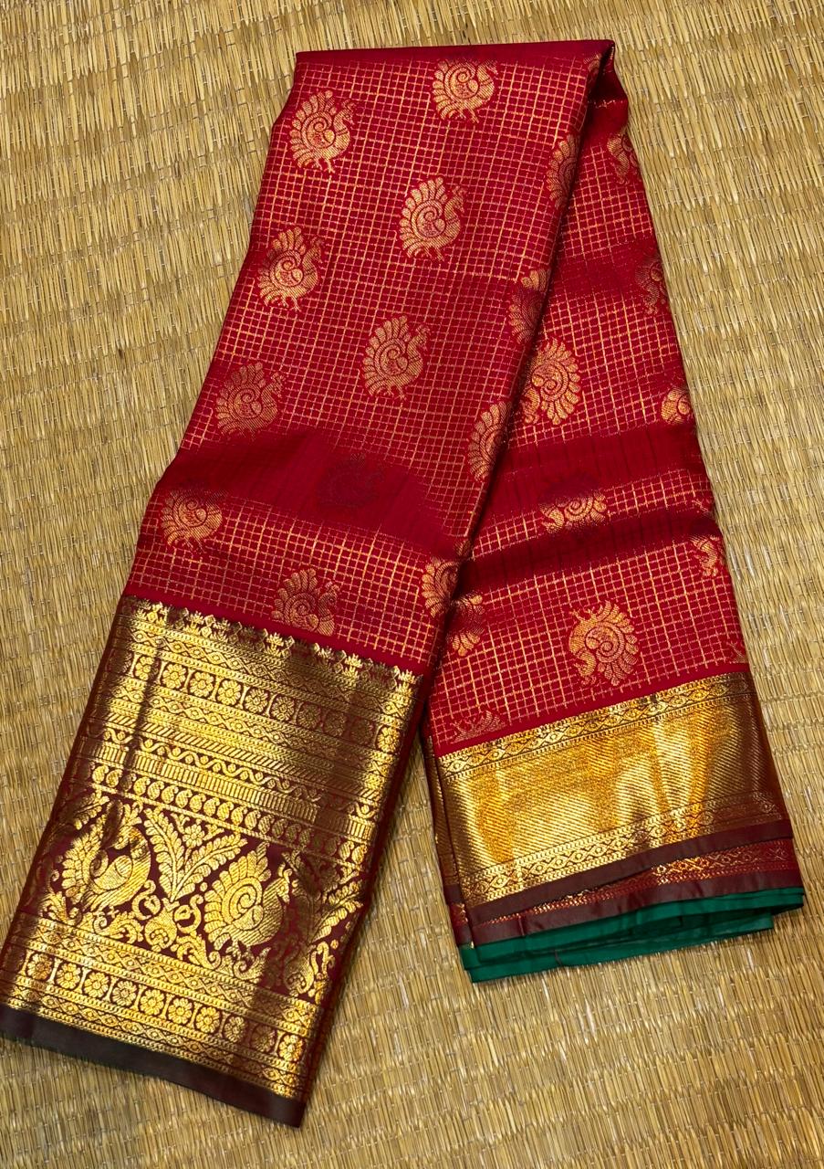 Semi Dharmavaram Silk Saree in Red and Green with Gold Zari