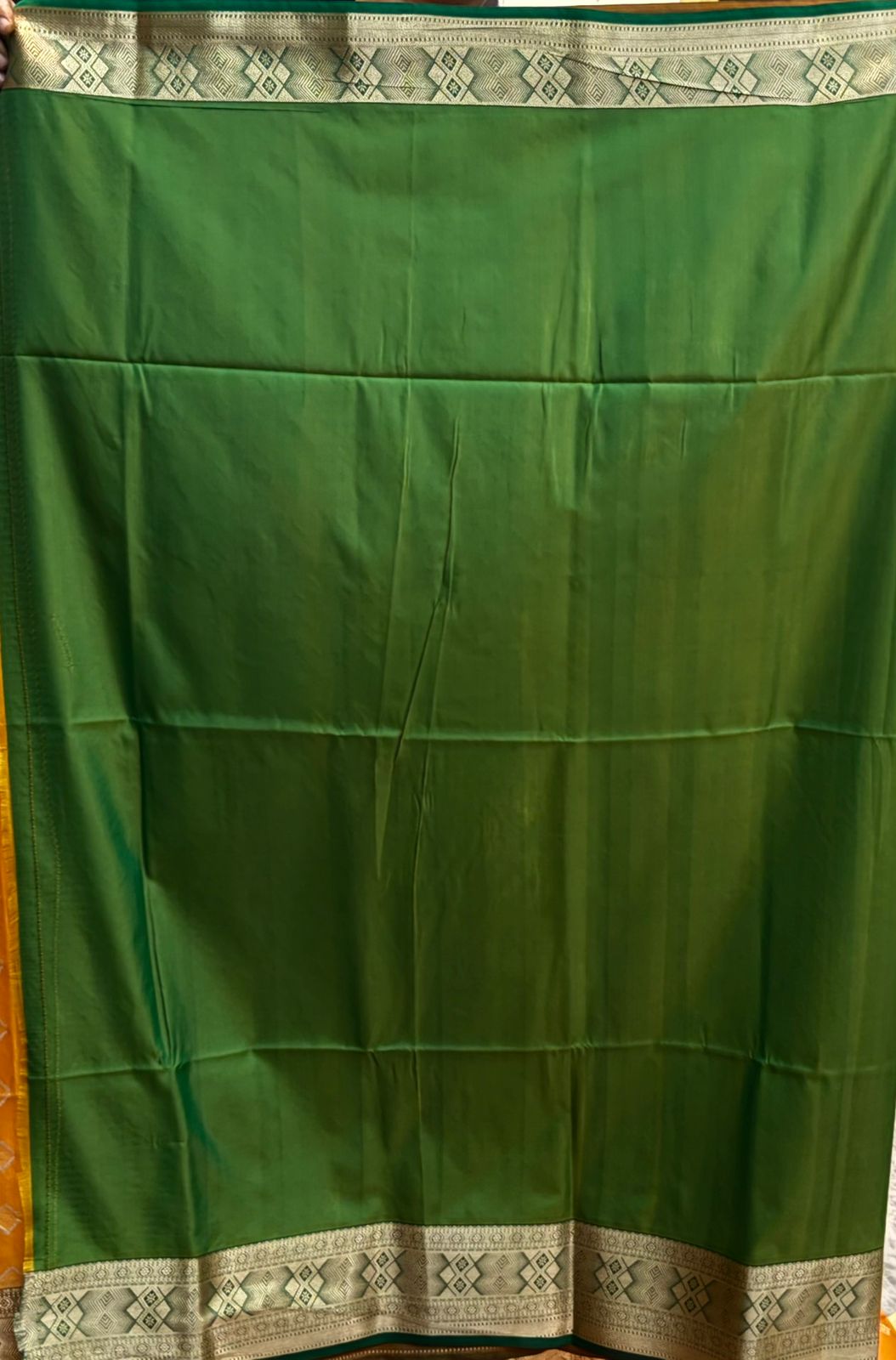 Traditional Mango Yellow Dharmavaram Pattu Saree with Contrast Green Border