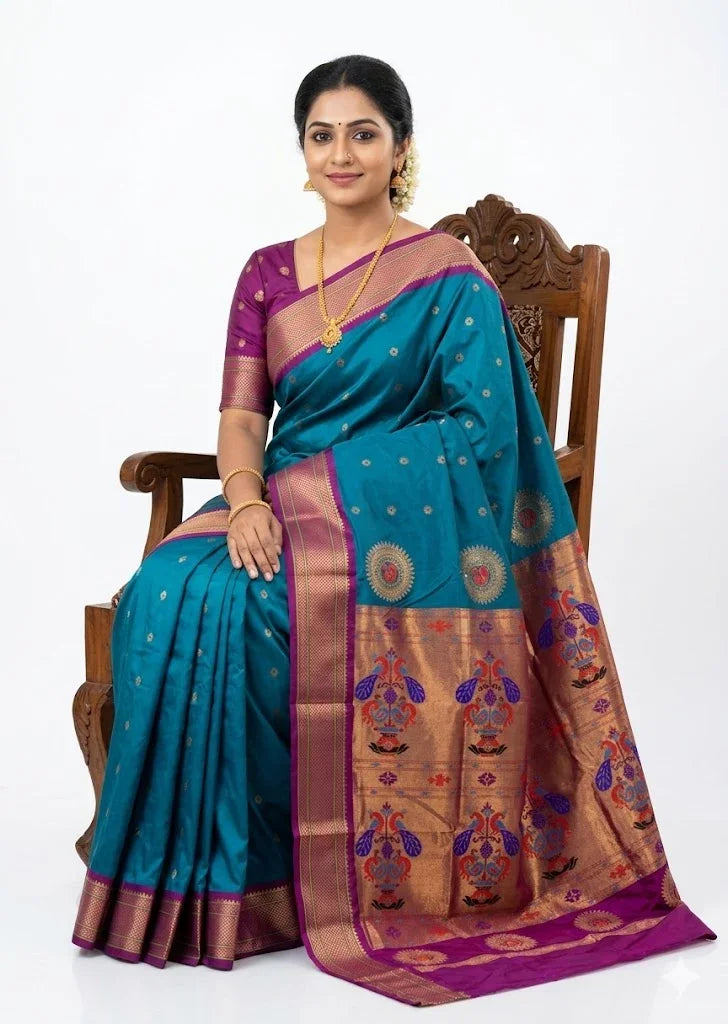 Elegant Teal Blue Gadwal Silk Saree with Purple Peacock Pallu - pochampallysarees.com