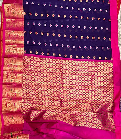 Deep Navy Blue &amp; Pink Kuppadam Pattu Saree | Ethnic Silk Wear - pochampallysarees.com