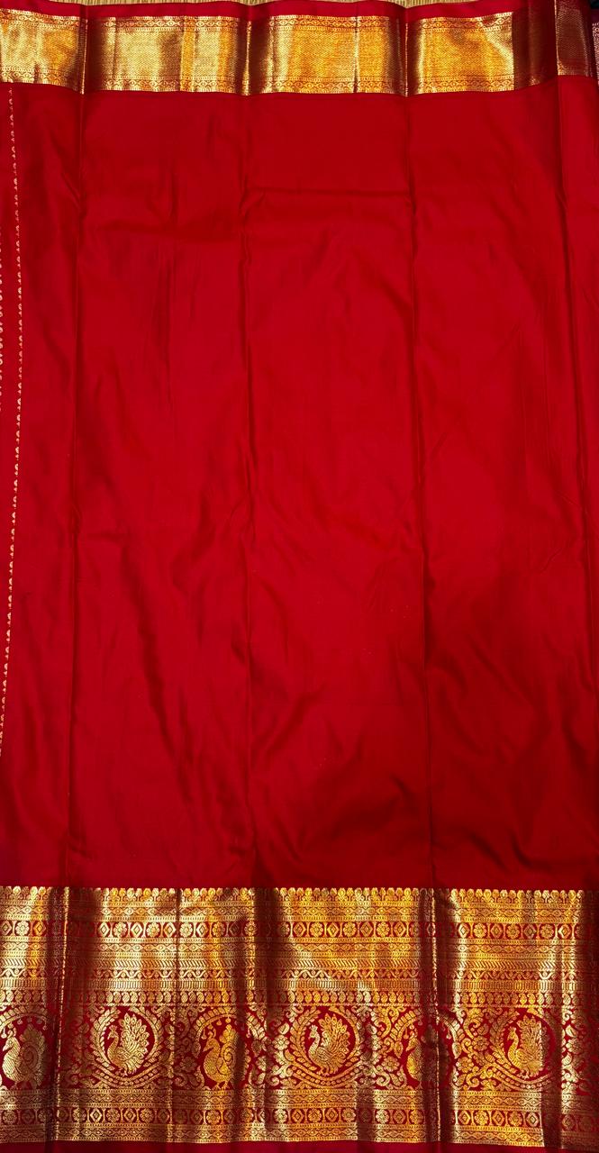 Royal Blue &amp; Crimson Red Semi Dharmavaram Silk Saree with Zari Checks and Brocade Pallu