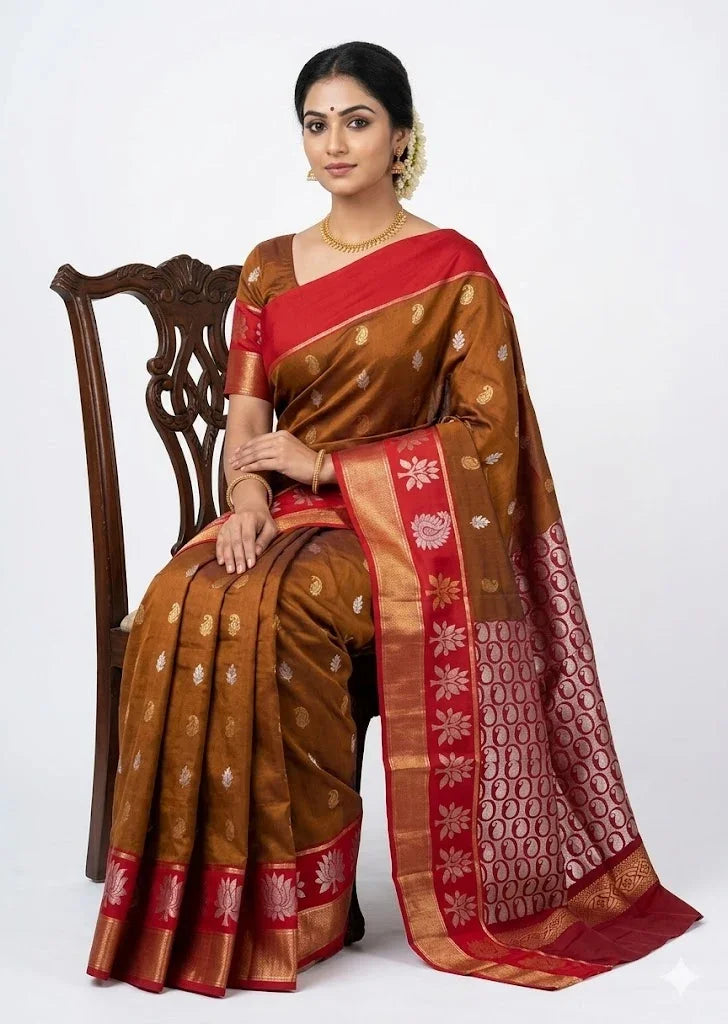 Elegant Brown Kuppadam Pattu Saree with Contrast Red Pallu - pochampallysarees.com