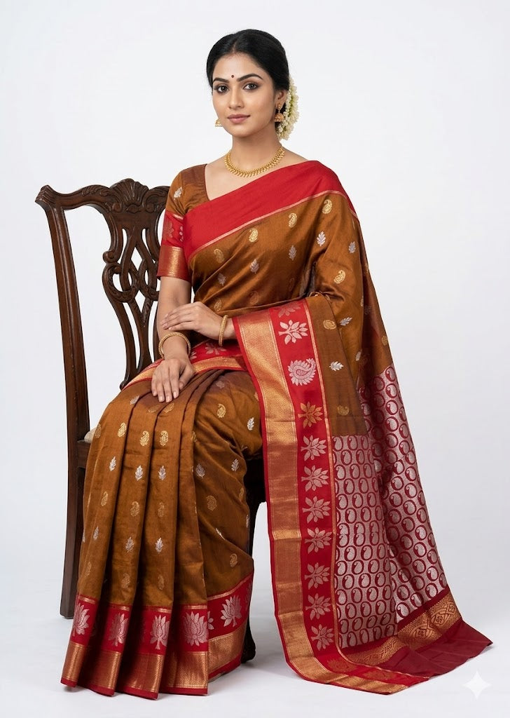 Elegant Brown Kuppadam Pattu Saree with Contrast Red Pallu