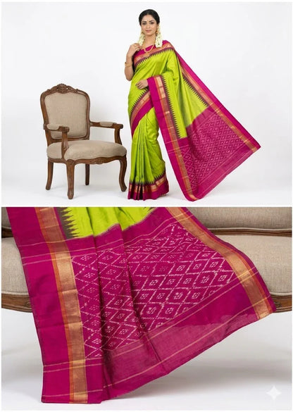 Pure Ikkat Silk Saree in Bright Lime Green &amp; Magenta Pink | Handwoven Pochampally Saree - pochampallysarees.com