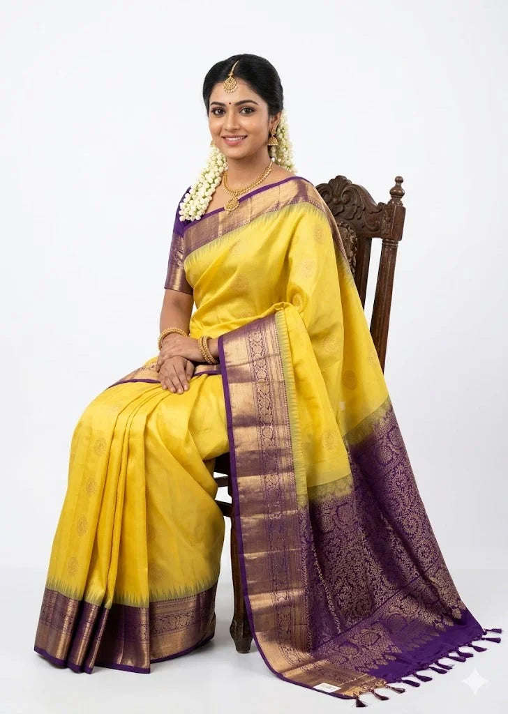 Cream Yellow Pure Kanchipuram Pattu Saree with gold zari border.