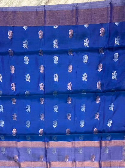 Royal Blue Silk Saree with Copper Zari &amp; Light Purple Blouse | Traditional Ethnic Wear - pochampallysarees.com