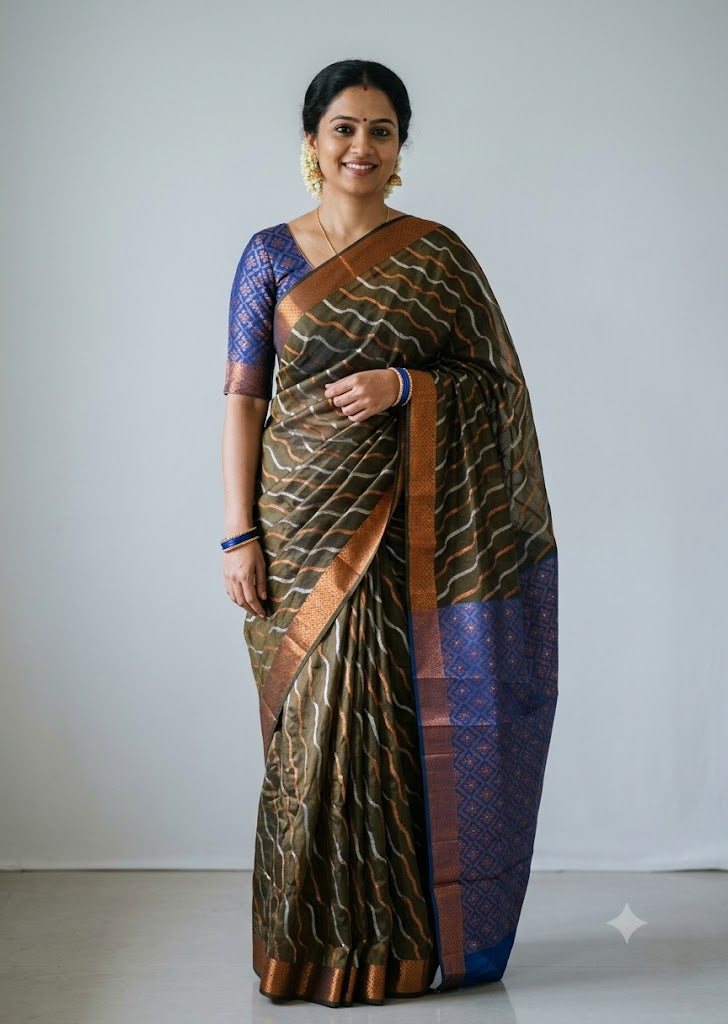 Olive Green and Royal Blue Kuppadam Pattu Saree with Wave Zari Weave