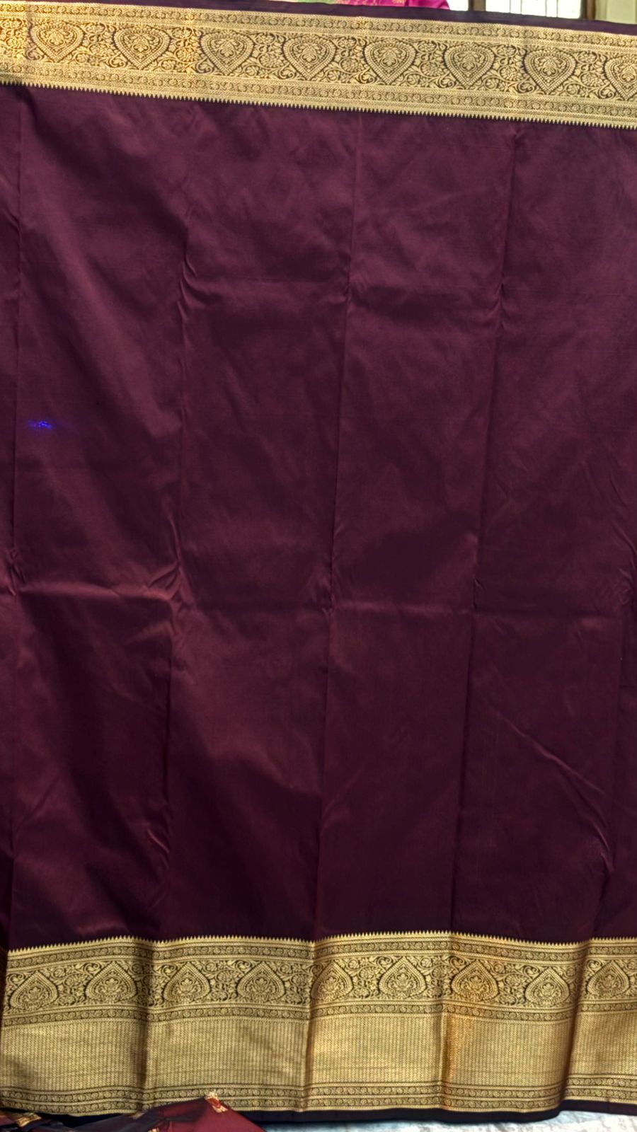 Authentic Rich Wine Burgundy Dharmavaram Silk Saree with Heavy Gold Zari Border