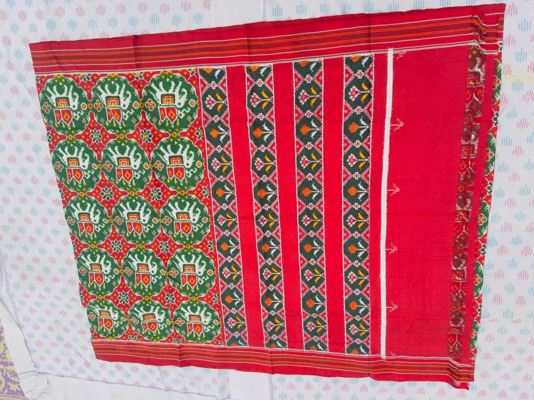 Red &amp; Green Double Ikat Patola Silk Saree | Silk Mark Certified - pochampallysarees.com