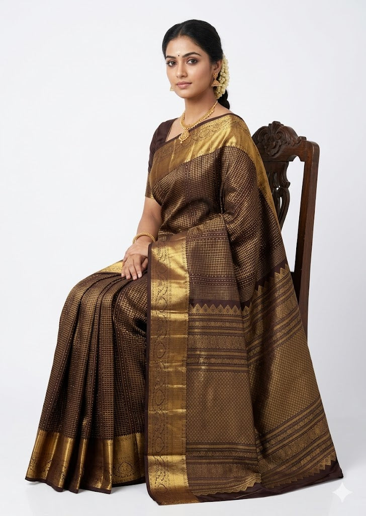 Beautiful traditional woman wearing an original dark brown Kanchipuram pattu saree with a gold zari check pattern and heavy traditional pallu.