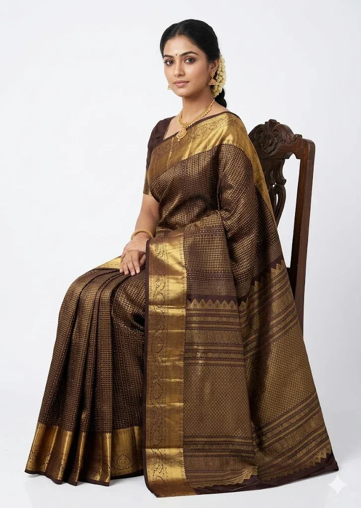 Beautiful traditional woman wearing an original dark brown Kanchipuram pattu saree with a gold zari check pattern and heavy traditional pallu.