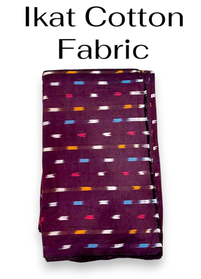 Folded dark maroon Ikat cotton fabric featuring traditional horizontal woven motifs in white, light blue, red, and mustard yellow