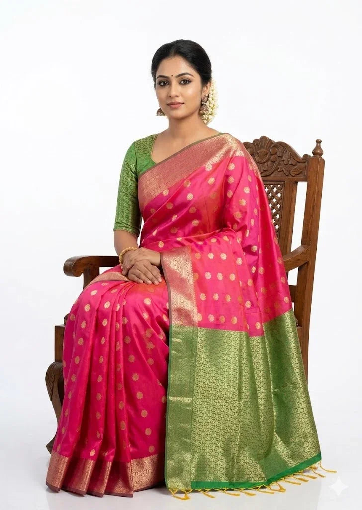 Vibrant Pink Dharmavaram Pattu Silk Saree with Contrast Green Gold Zari Border - pochampallysarees.com