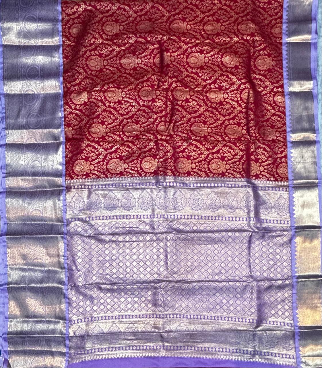 Graceful Maroon &amp; Lavender-Blue Semi Dharmavaram Silk Saree with Elegant Silver-Gold Zari Border &amp; Pallu
