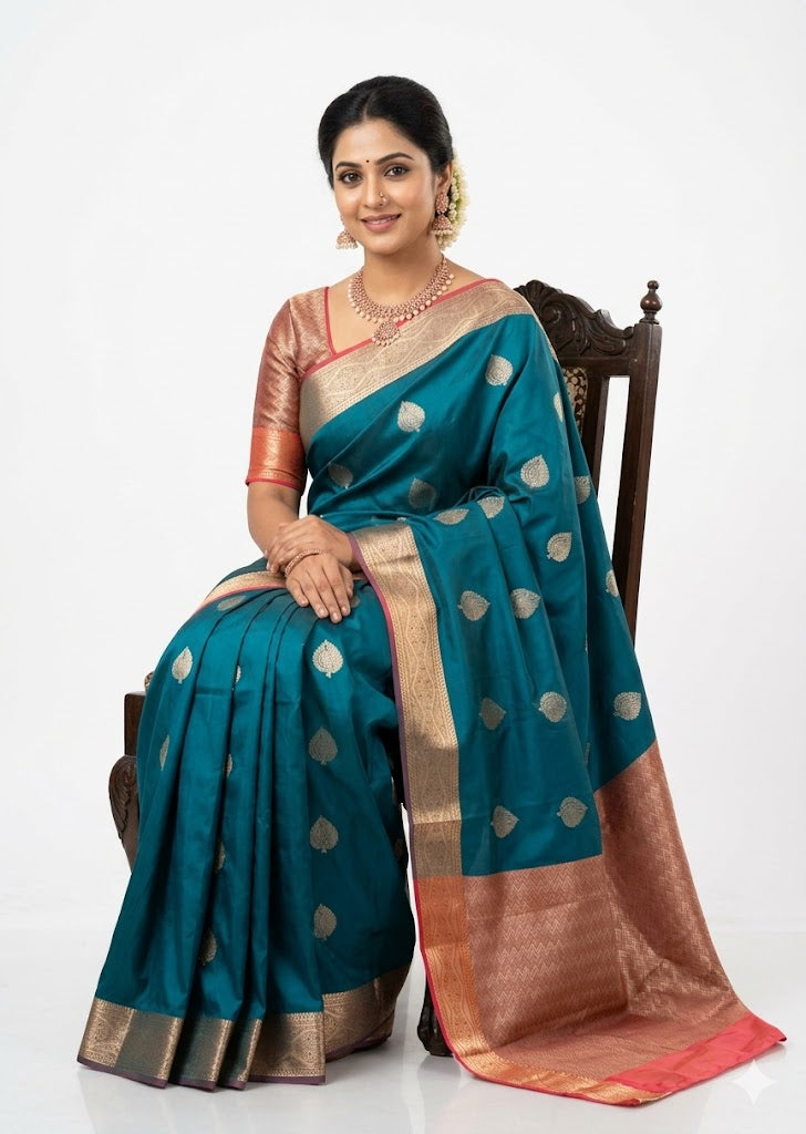 Exquisite Peacock Teal Dharmavaram Pattu Saree with Silver Zari and Coppery Rose-Gold Brocade Border