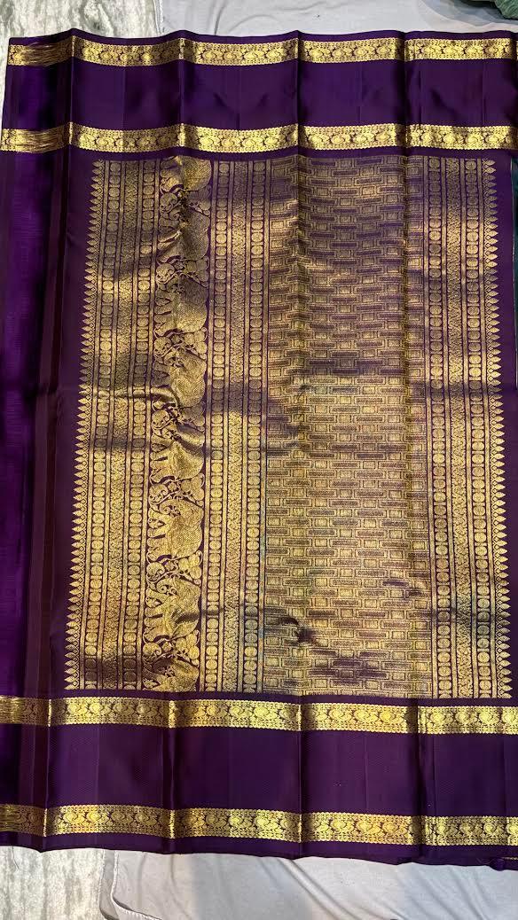 Teal Green and Purple Pure Kanchipuram Pattu Saree with Price Elephant Zari Pallu | Bridal Silk - pochampallysarees.com