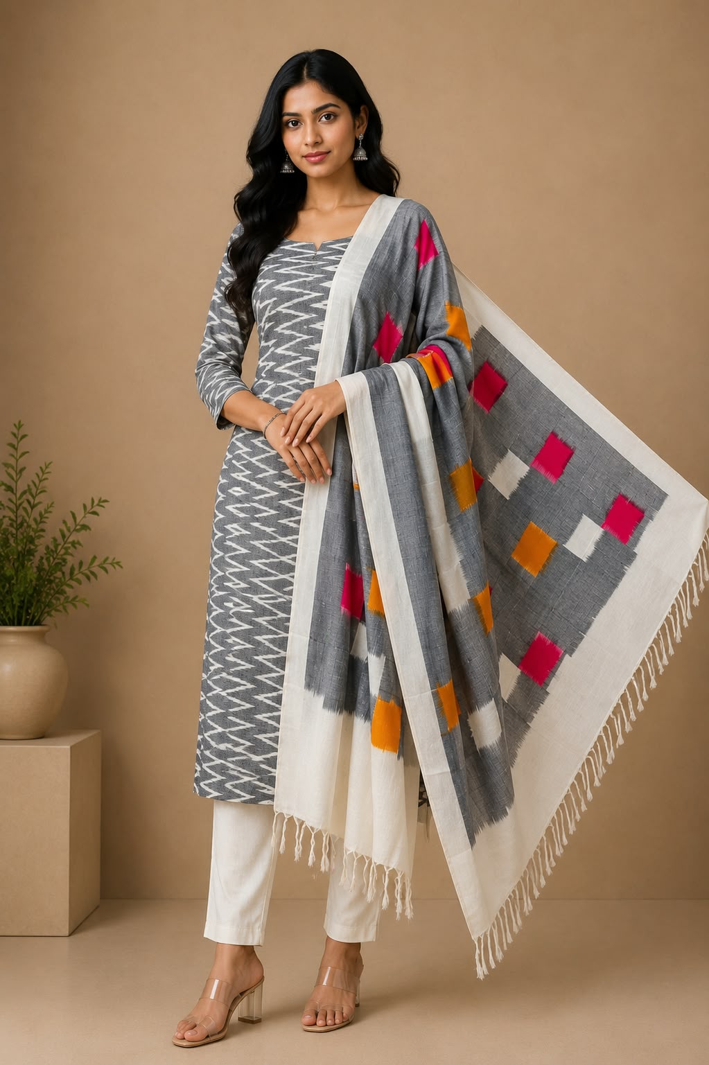 Ash Grey &amp; Off-White Handloom Double Ikkat Cotton Dress Material Set with Geometric Multi-Color Dupatta