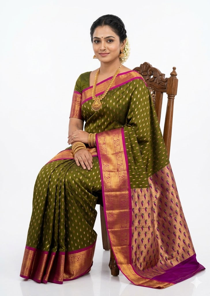 Traditional Olive Green and Magenta Silk Saree
