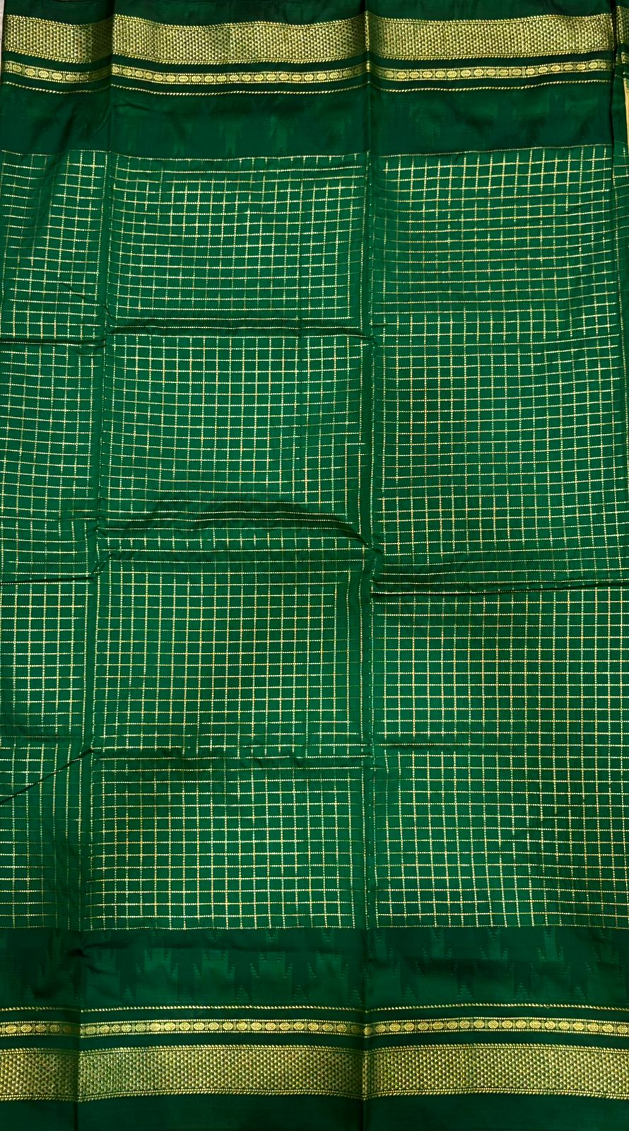 Gadwal Cream &amp; Green Woven Check Saree with Temple Border