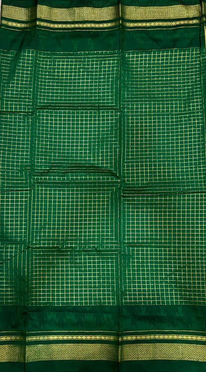 Gadwal Cream &amp; Green Woven Check Saree with Temple Border