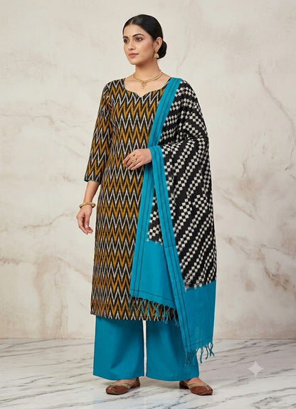 POCHAMPALLY DOUBLE IKKAT BLACK WITH ANAND BLUE COLOR DRESS MATERIAL - C41