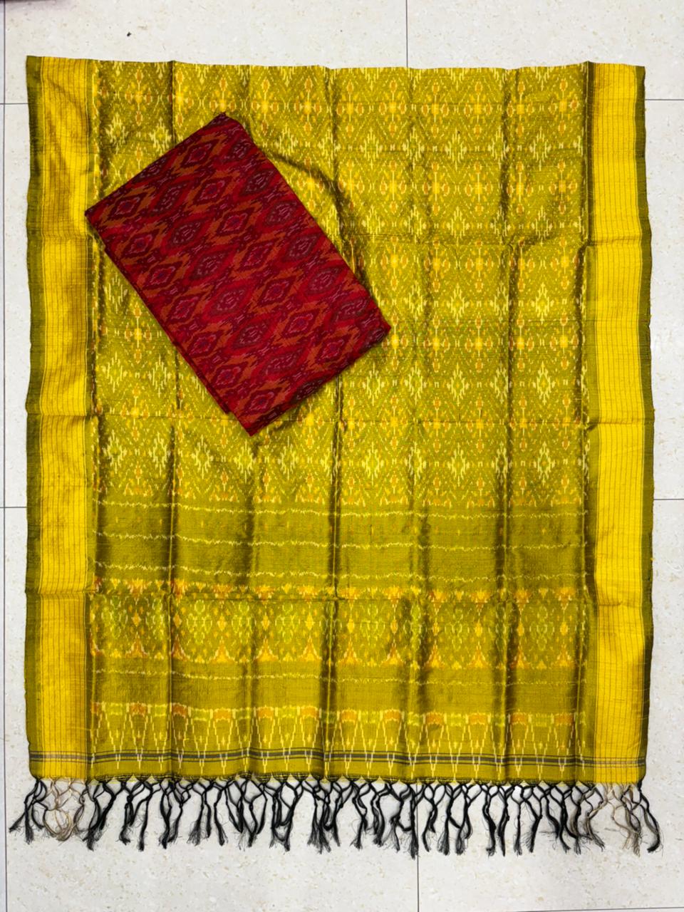 Latest Ikkat Silk Dress Material: Yellow &amp; Red Pochampally Salwar Suit