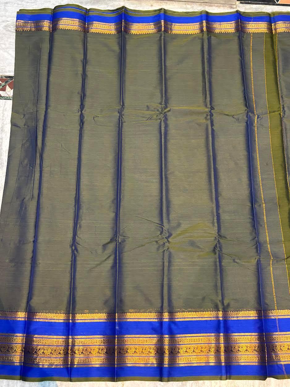 Pure Narayanpet Cotton Saree - Olive Green &amp; Royal Blue Handloom Saree