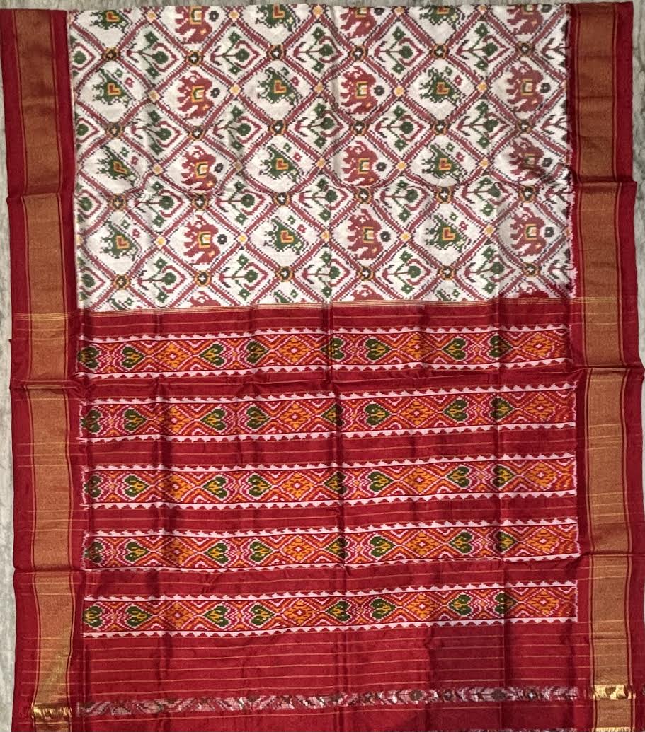 Traditional Cream and Maroon Pochampally Ikkat Silk Saree - pochampallysarees.com
