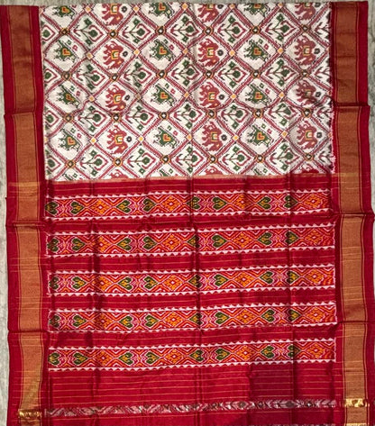 Traditional Cream and Maroon Pochampally Ikkat Silk Saree - pochampallysarees.com