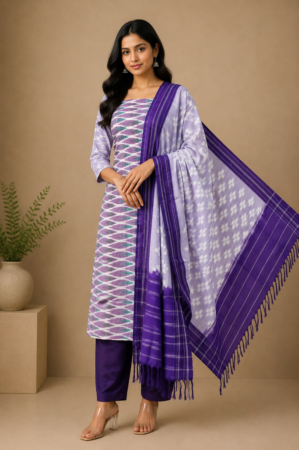 Lavender &amp; Royal Purple Handloom Double Ikkat Cotton Dress Material Set
