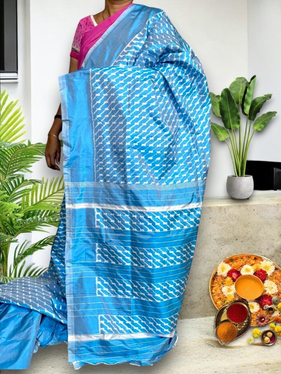 Designer Pochampally Ikat Silk Light Blue Sari - pochampallysarees.com