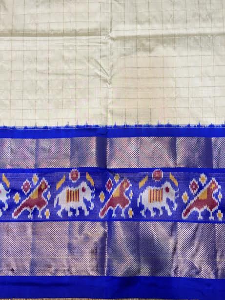 Off-White &amp; Royal Blue Ikkat Silk Saree with Checked Blouse
