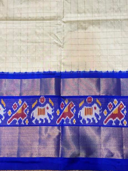 Off-White &amp; Royal Blue Ikkat Silk Saree with Checked Blouse