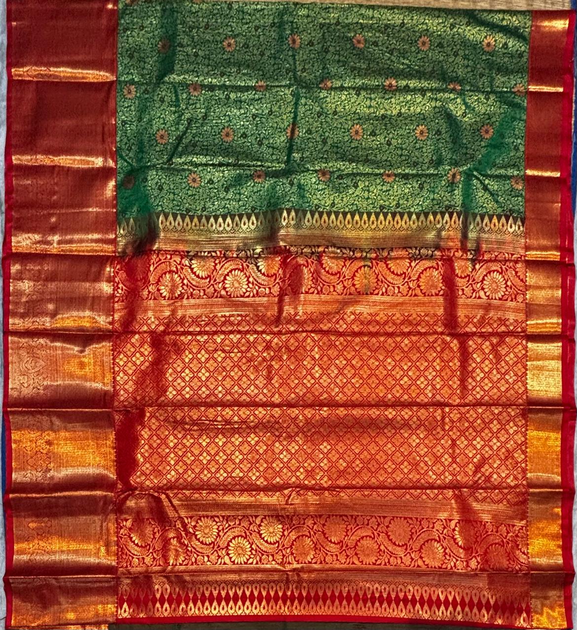 Elegant Forest Green &amp; Crimson Red Semi Dharmavaram Silk Saree with Rich Zari Border &amp; Pallu