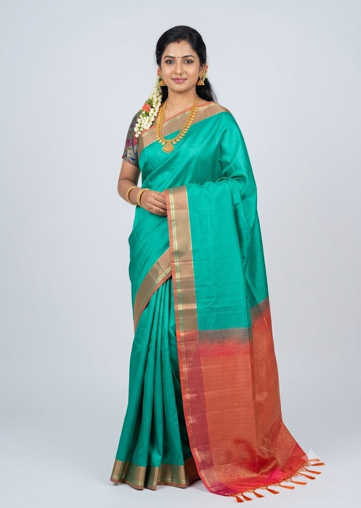 Sea Green Silk Saree with Coral Red Zari Pallu &amp; Matching Red Blouse