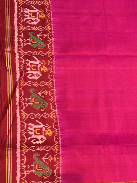 Vibrant Magenta Pure Real Patola Silk Saree with Red Elephant Motif Border