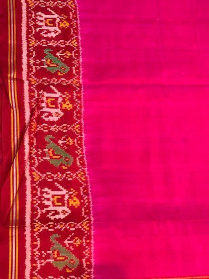 Vibrant Magenta Pure Real Patola Silk Saree with Red Elephant Motif Border