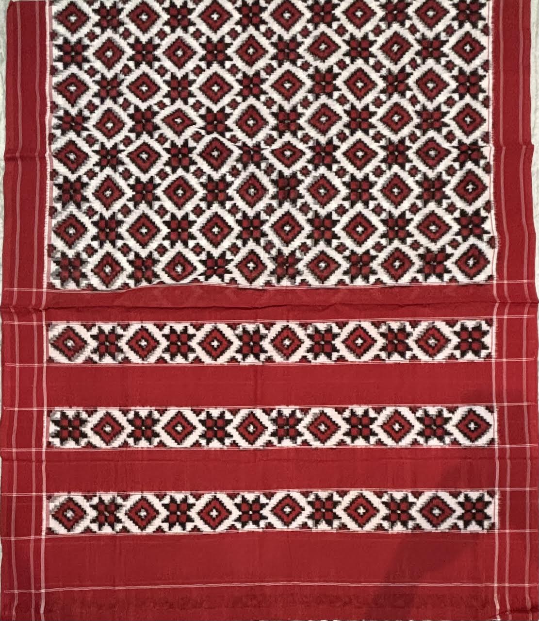Authentic Handwoven Telia Rumal Pure Cotton Saree in Crimson Red and Off-White