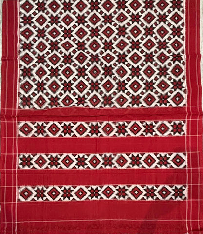 Authentic Handwoven Telia Rumal Pure Cotton Saree in Crimson Red and Off-White