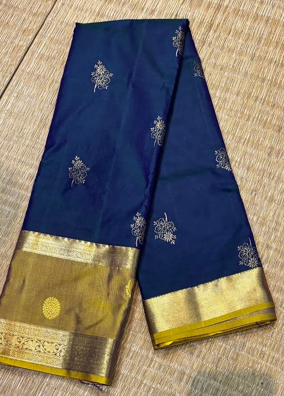 Elegant Navy Blue Semi Dharmavaram Silk Saree with Rich Gold Zari Pallu