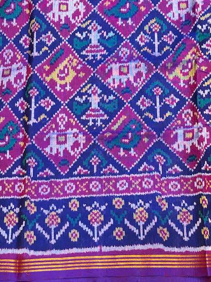 Royal Purple Real Patola Silk Saree with Elephant Motif Pallu and Zari Border