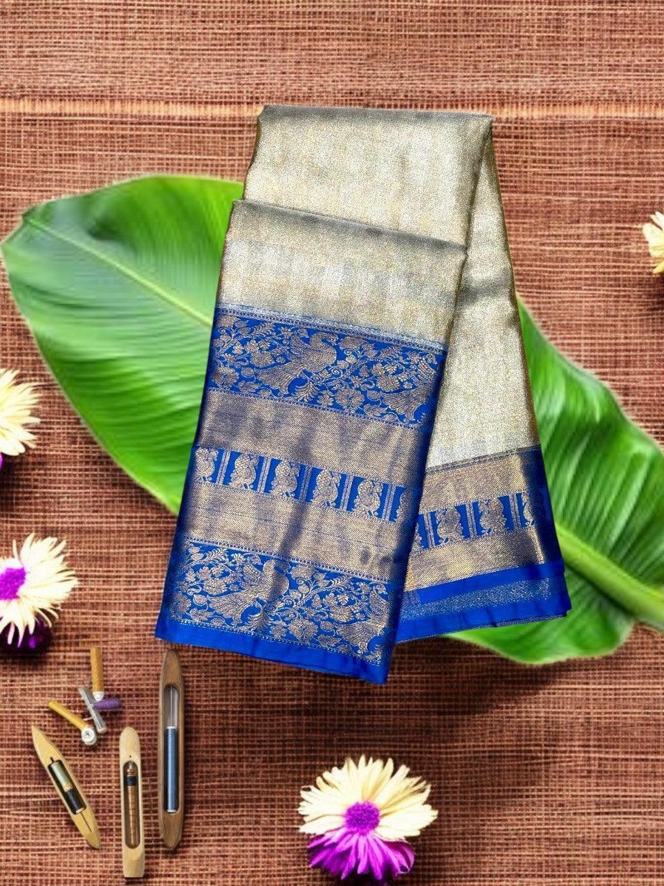 DHARMAVARAM PATTU KANCHI BORDER BLUE MIDDLE GRAY - pochampallysarees.com