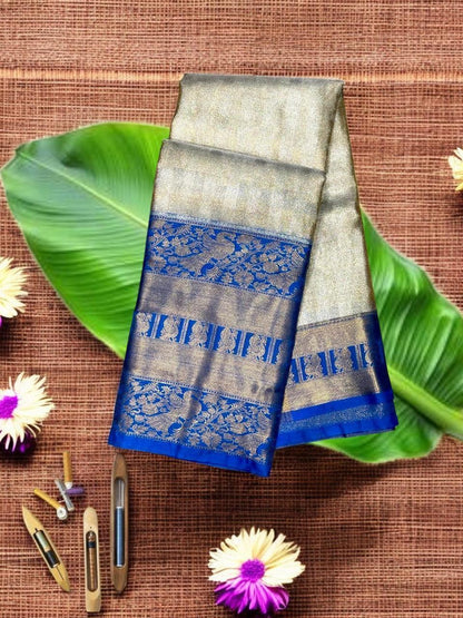 DHARMAVARAM PATTU KANCHI BORDER BLUE MIDDLE GRAY - pochampallysarees.com