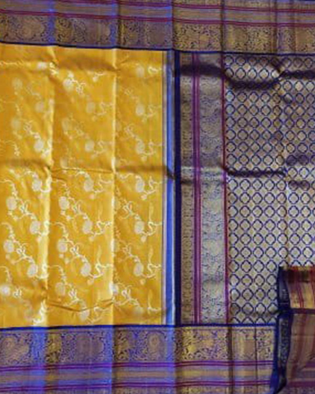 DHARMAVARAM YELLOW WITH BLUE COLOR SAREE - pochampallysarees.com