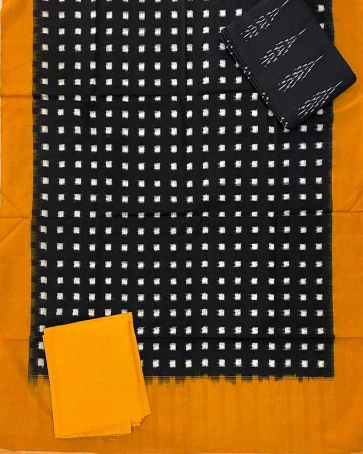 DOUBLE IKAT BLACK WITH YELLOW COLOR DRESS MATERIAL-B1 - pochampallysarees.com
