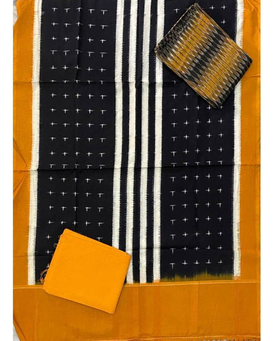 DOUBLE IKAT BLACK WITH YELLOW COLOR DRESS MATERIAL-B7 - pochampallysarees.com