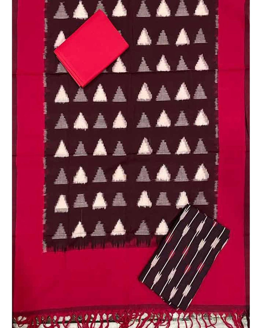DOUBLE IKAT COTTON BLACK WITH RED COLOR DRESS MATERIAL -C31 - pochampallysarees.com