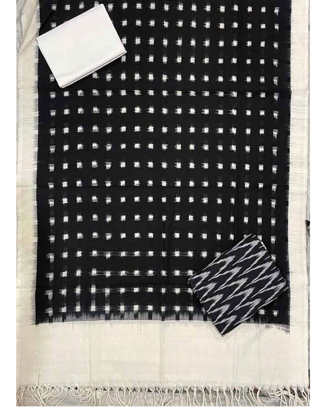 DOUBLE IKAT COTTON BLACK WITH WHITE COLOR DRESS MATERIAL - C65 - pochampallysarees.com